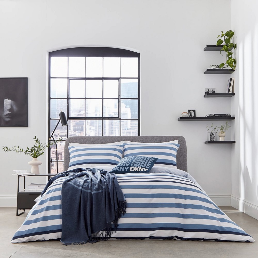 Urban Stripe Cotton Bedding and Pillowcase by DKNY in Blue